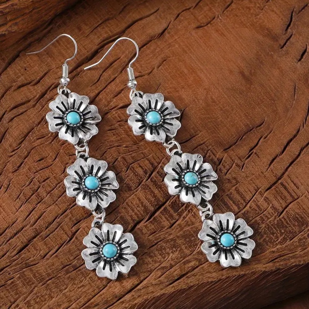 NWOT - Silver and Turquoise Floral Drop Earrings - Picture 5 of 7